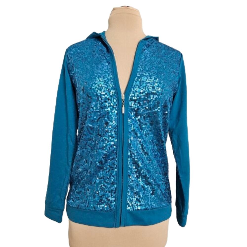 Quacker Factory Jacket Womens‎ Beaded Sequin Hooded Pocket Full Zip Cotton XXS